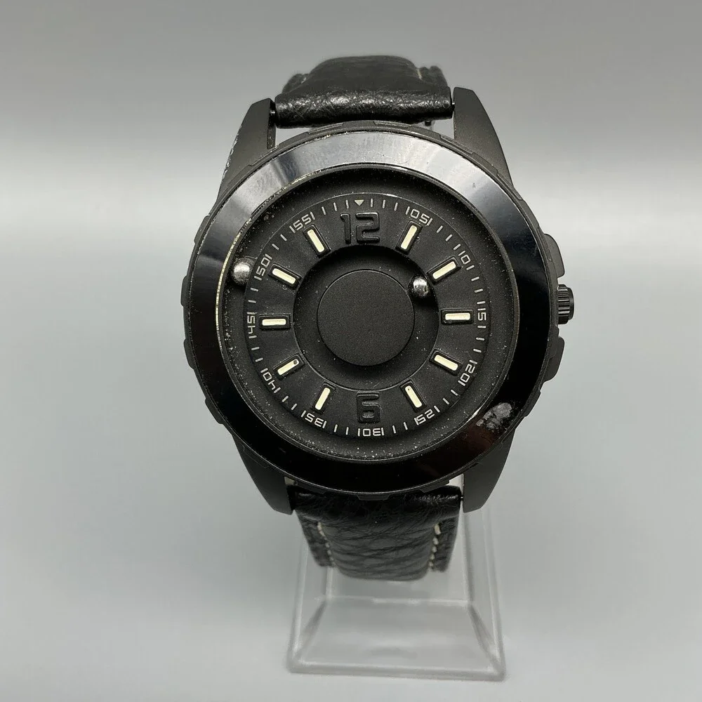 EUTOUR Mens Watch 40mm Black Dial Black Leather Magnetic Ball New Battery